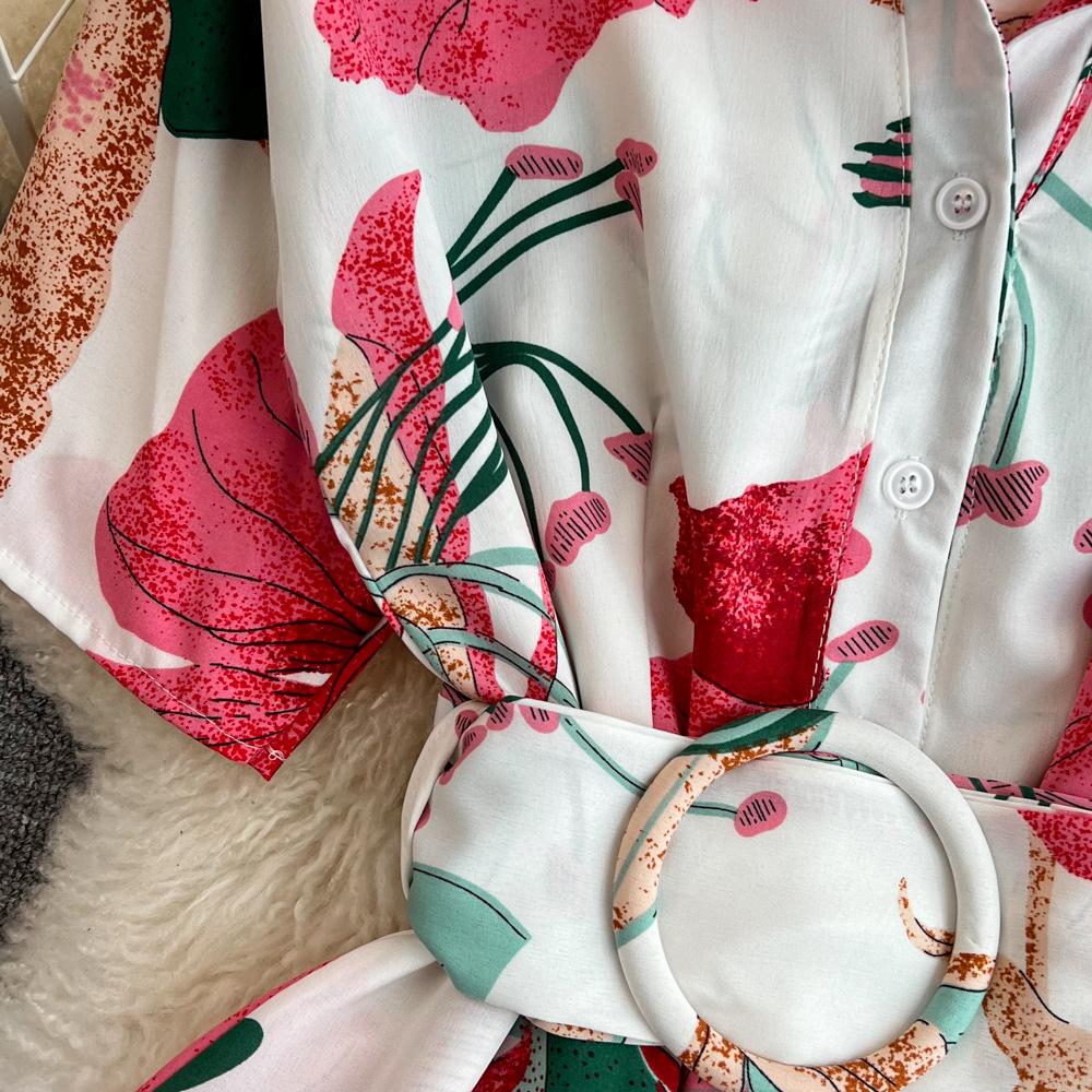 Kjole med blomstertrykk for kvinner A-linje Elegante vintage dame sommerkjoler med belte Casual Vestidos