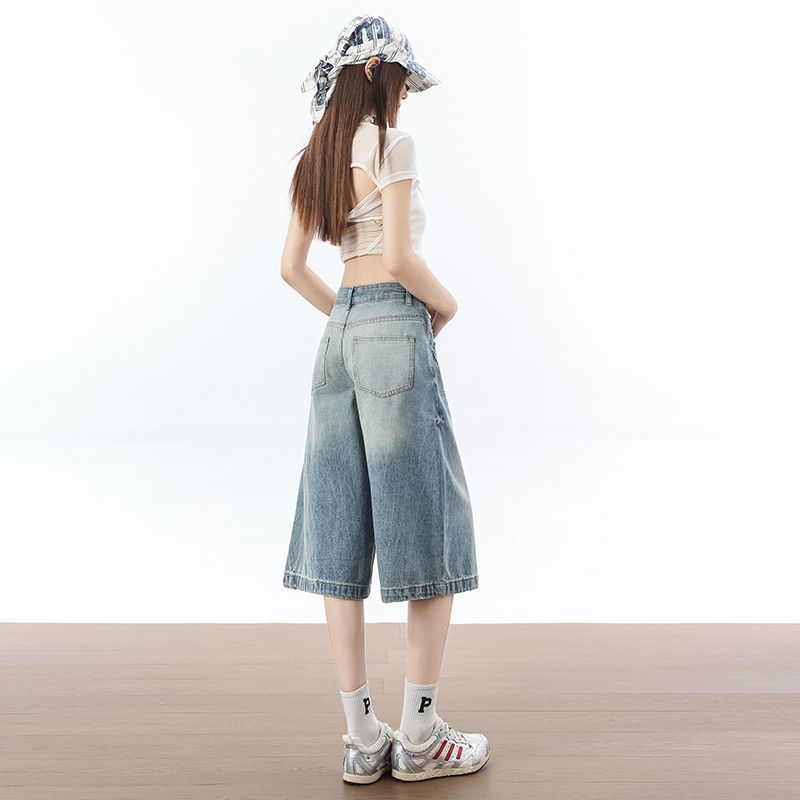 Fashion Summer Loose Straight Blue Denim Cropped Capri Pants Versatile Slimming Minimalist Daily Essential