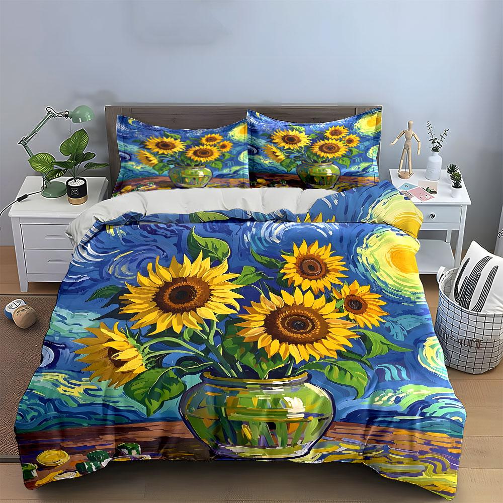 Sunflowers in Starry Sky Bedding Duvet Cover Set (1*Duvet Cover 2*Pillowcases, without duvet insert)