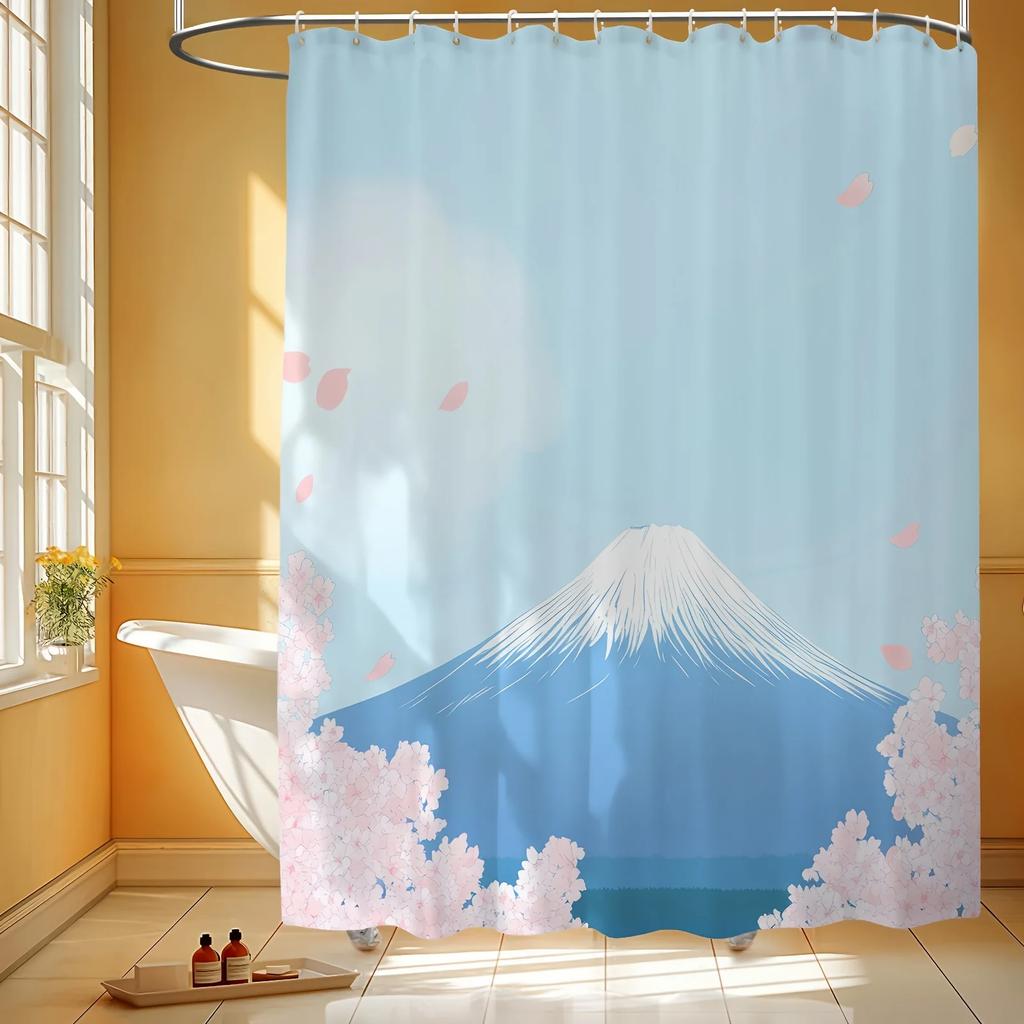 1 piece Sakura and Mount Fuji print shower curtain - soft polyester, machine washable, suitable for all seasons, with hooks
