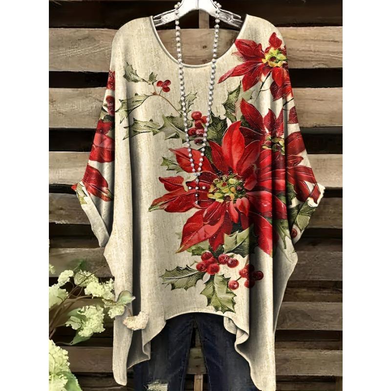 

Summer new women s large size plus happy Poinsettia floral pattern printed bat sleeves round neck T-shirt 1XL