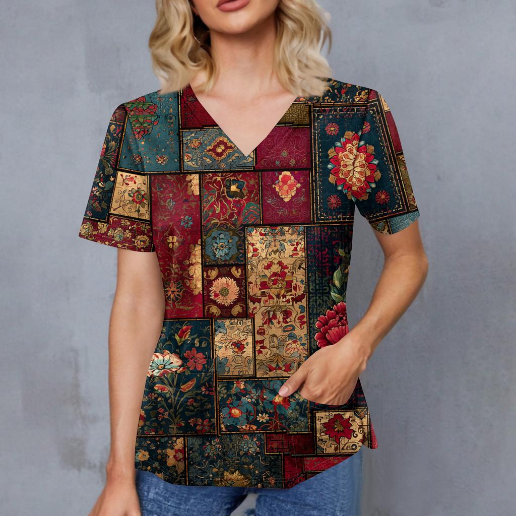 Women's Retro Printed V-Neck Double Pocket Short Sleeves Hem Slit  Uniform Caregiver Top
