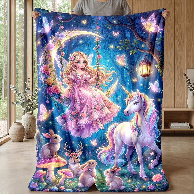 Fairy and Unicorn in Fantasy Forest Theme blanket Lightweight Warm Flannel Blanket Decorative Throw Blanket for Home Decoration