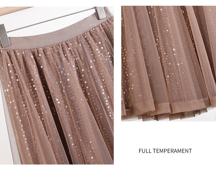 Spring 2026 Sequin Mesh A-line Midi Skirt - Slimming, Drapey, Fashionable, Casual Wear