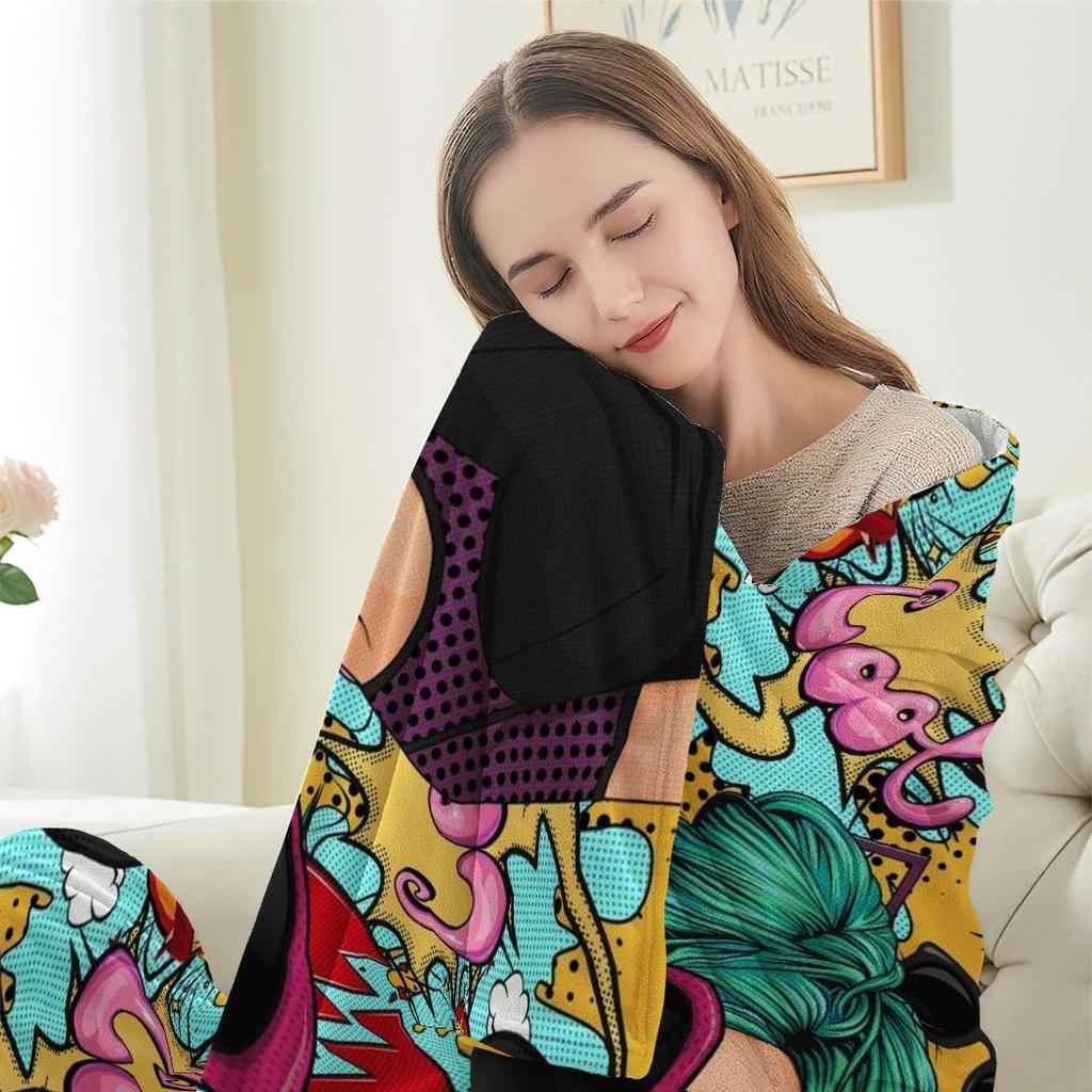 Pop Art Cartoon Girl Throw Blanket – Heart Sunglasses & Graffiti Design, Trendy Gift for Sofa or Bed