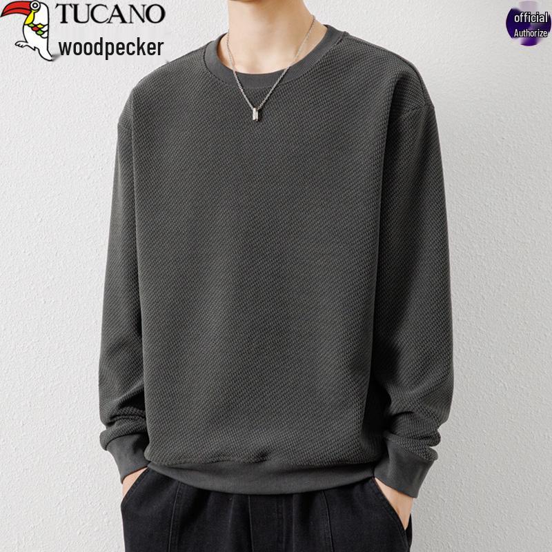 Woodpecker Men's Waffle Knit Long Sleeve T-Shirt - Round Neck, Thick Cotton, Versatile Casual Base Layer for Spring and Autumn