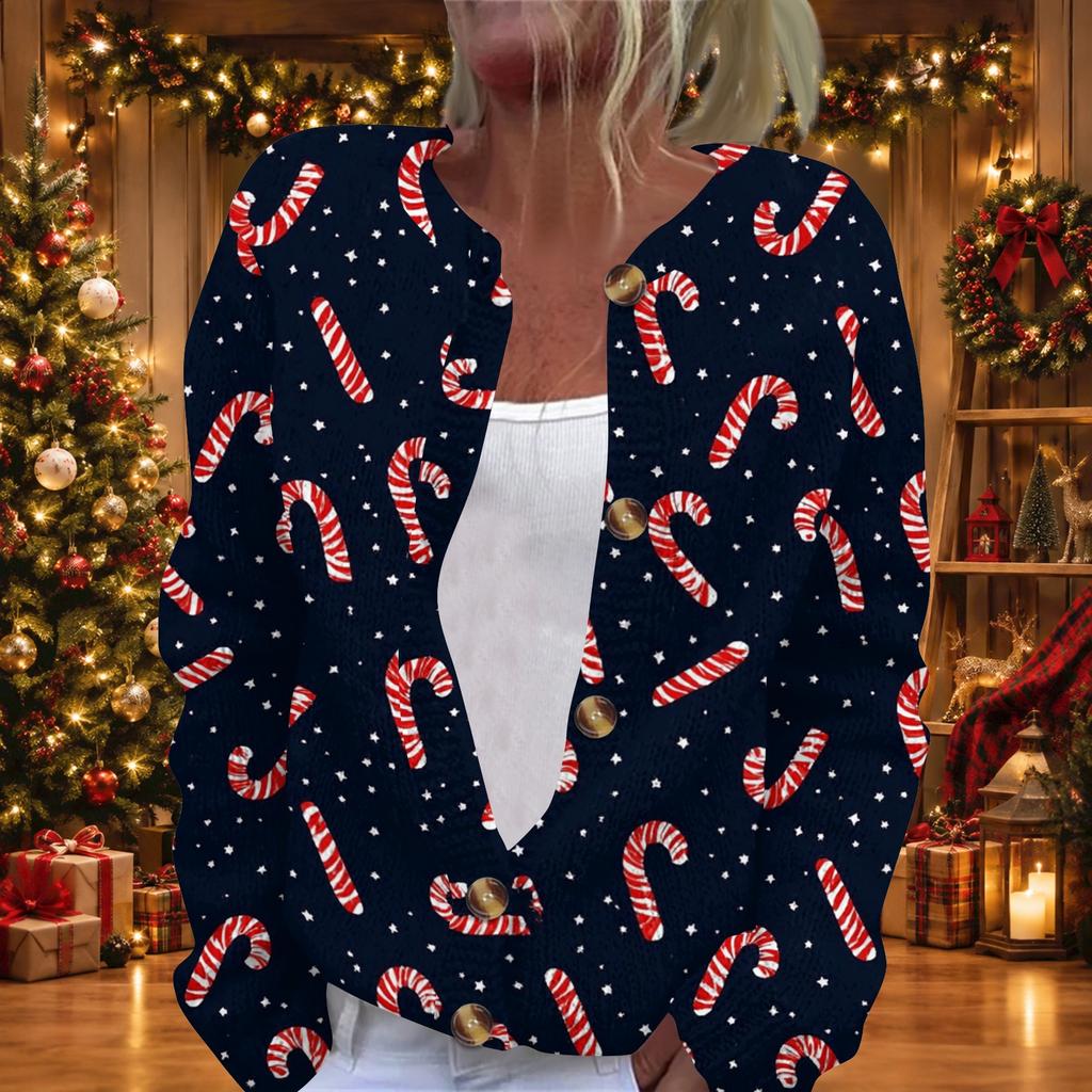 Women's Christmas Print Long Sleeve Knit Cardigan, Button Front Holiday Sweater