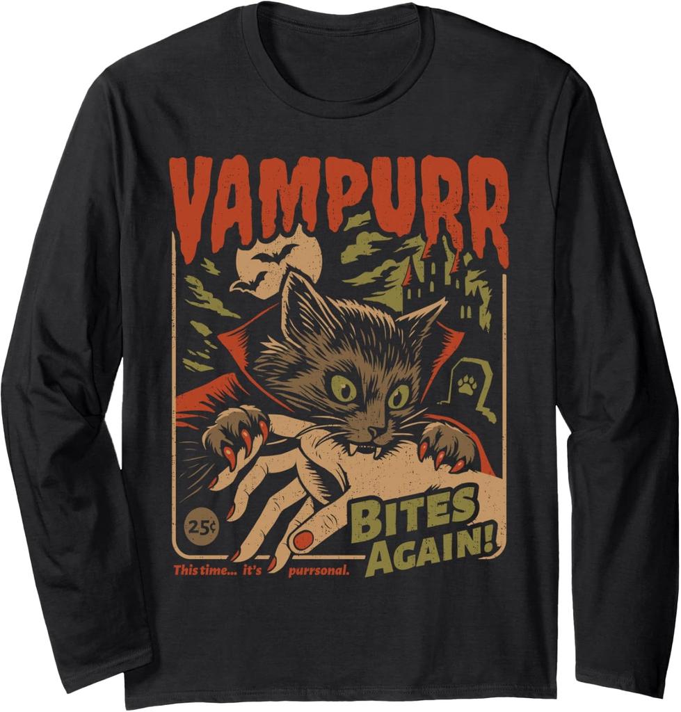 Vampurr Bites Again! Funny Cat Halloween Vintage Graphic Long Sleeve T-Shirt