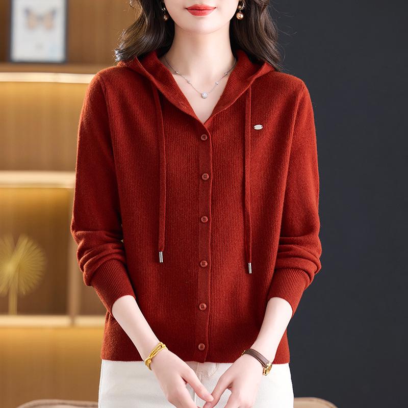 Women's Hooded Pure Wool Knit Cardigan - New Autumn/Winter Casual Outer Layer & Warm Short Sweater Coat