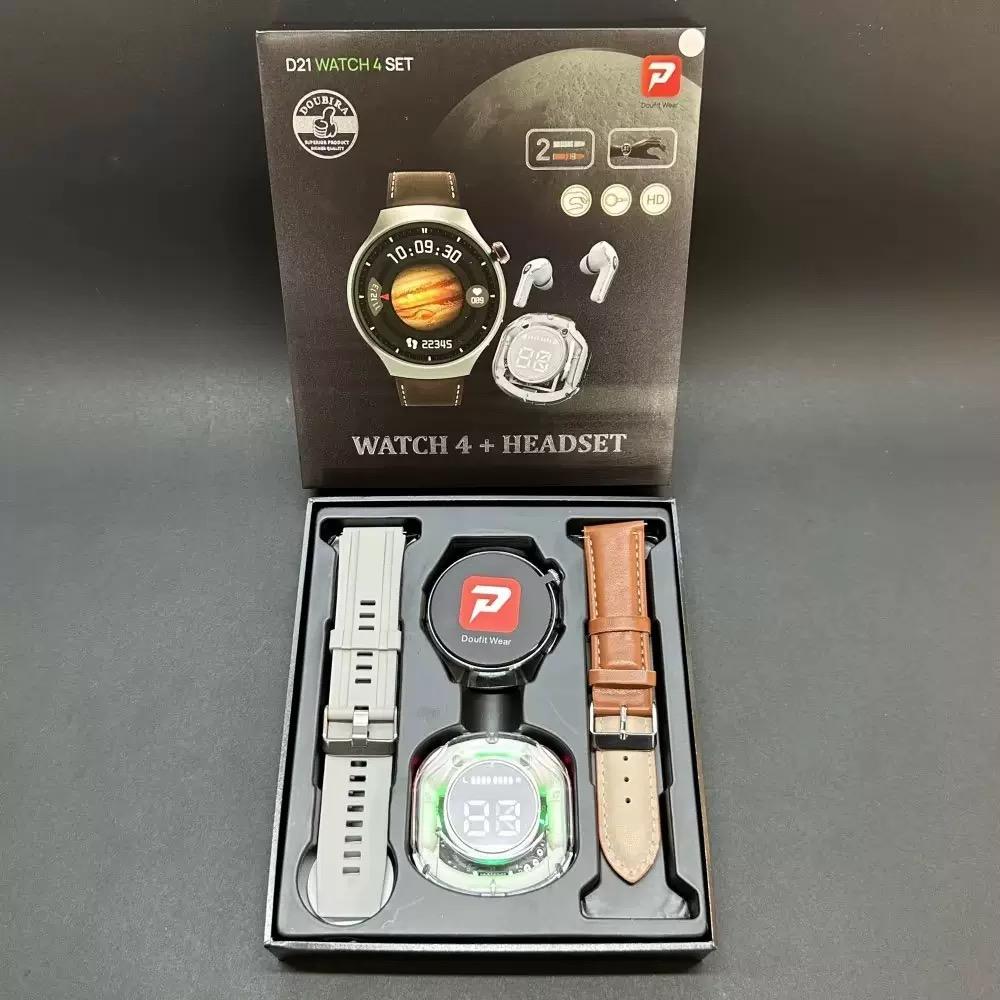 Set Cadou Ceas Inteligent D21 4 cu Căști Bluetooth Air39 Cadran Rotund Relojes Montre Connecte 2 în 1 Ceas Inteligent cu Căști TWS