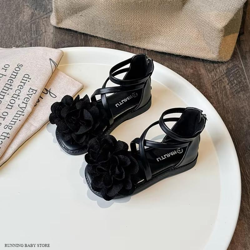 Girls Sandals Summer New Flower Pearls Little Girl Princess Shoes Soft Bottom Non-slip Girl Kids Roman Sandals Shoes 23 чёрный