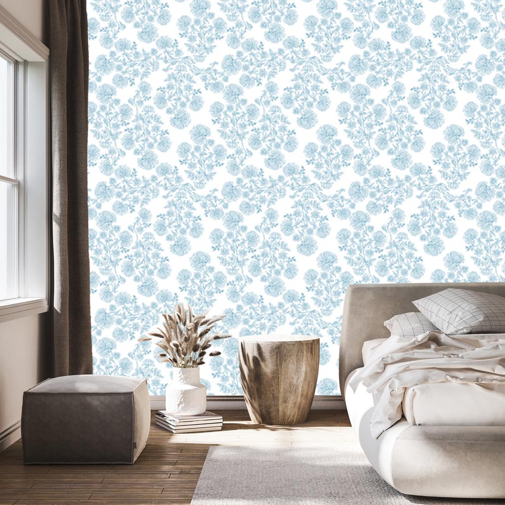 Wallpaper Flowers White, Celadon and Azure for Living Room and Bedroom 50x1000