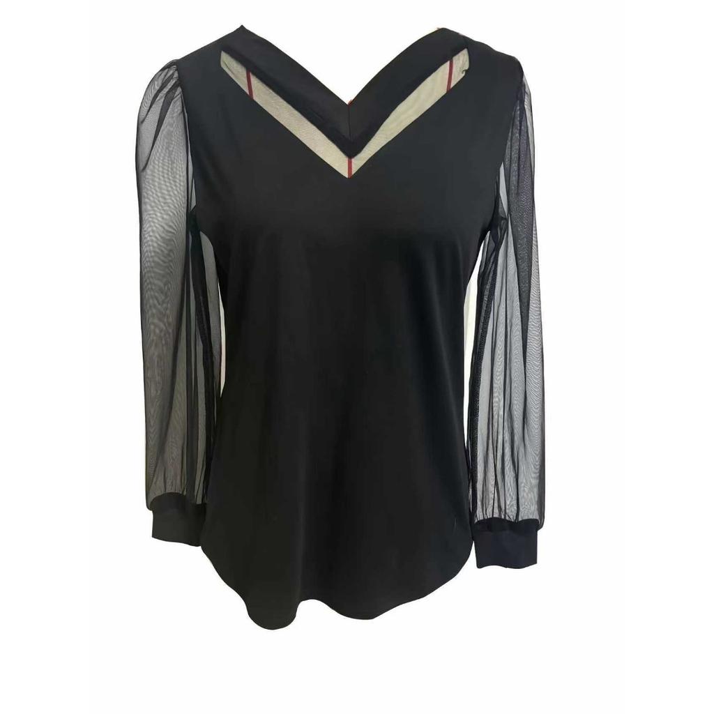 Spring Autumn Women's Solid Color Mesh Lantern Sleeve Slim Fit Long Sleeve Shirt for Leisure Fashion