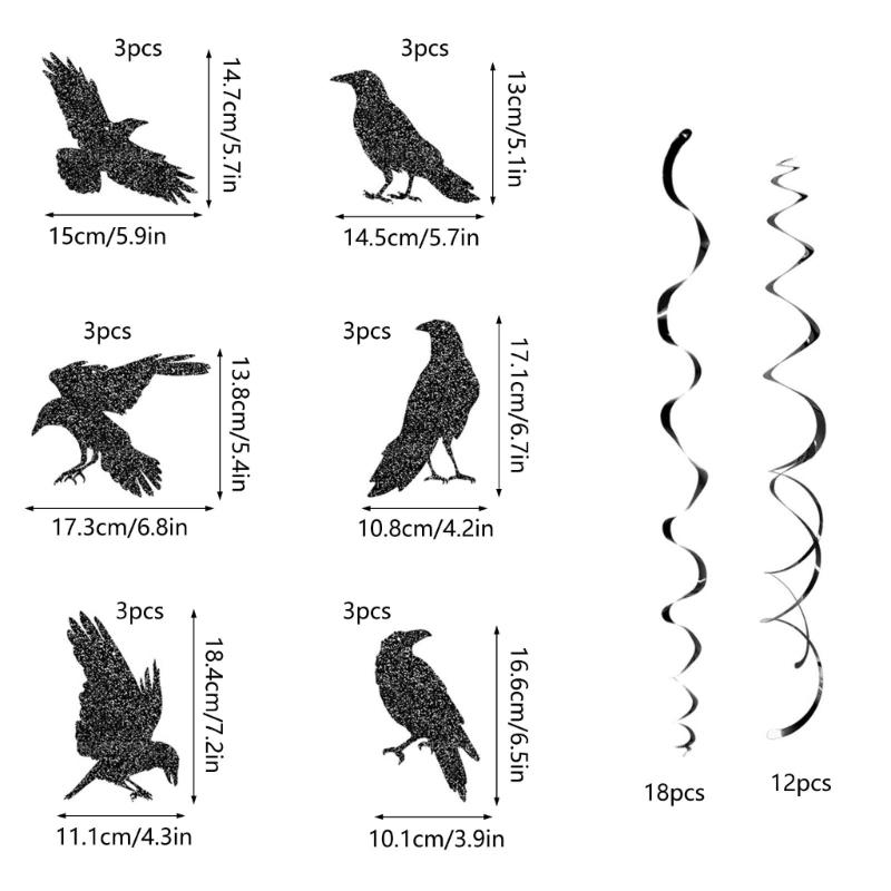 Set of 30 Eerie Crows Ornament Halloween Party Hanging Swirls with Crows Characters and Black Spirals for Indoor Fun