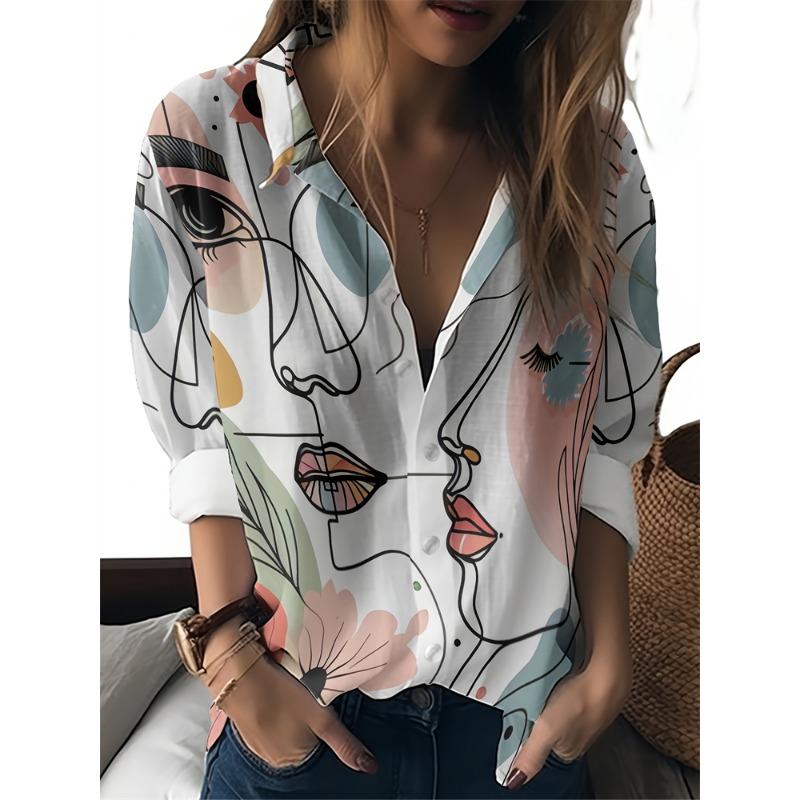 Damen Revers Hemd Tops Lässig Langarm Knöpfe Hemden Damen Tops Lustiges Katzenmuster Damenhemden Damen