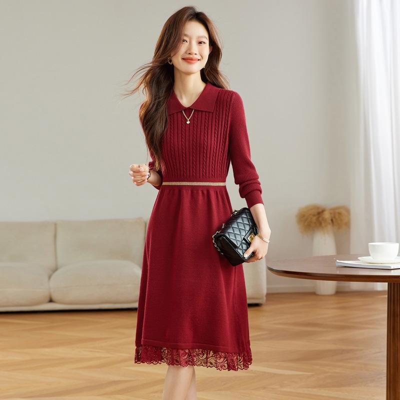 Lapel Lace Temperament Elegant Knitted Dress Women's Autumn and Winter New with Coat Inside with Long Sweater Skirt