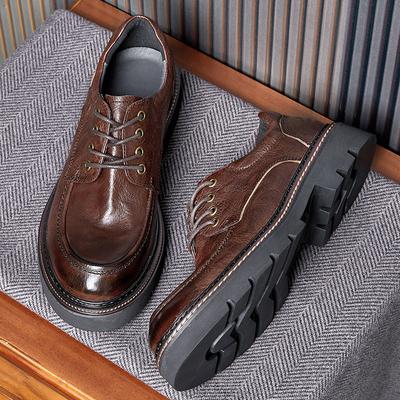 Retro Design Thick Sole Heightening Derby Shoes Men'S Business Casual Leather Shoes Handmade Shoes Live Stream