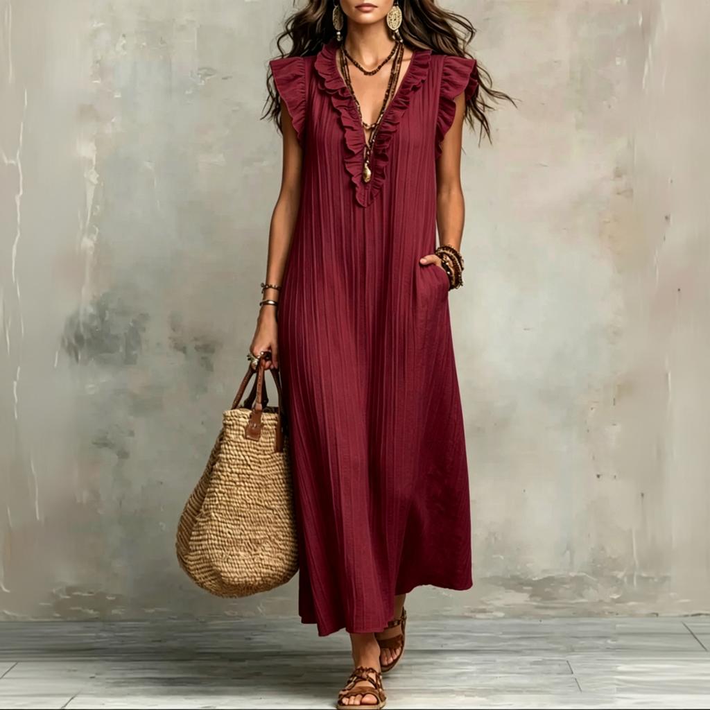 Dames Mouwloos Losvallend Maxi Jurk Boheemse Stijl V-hals Ruche Afwerking Casual Zomer Lange Jurk met Zakken