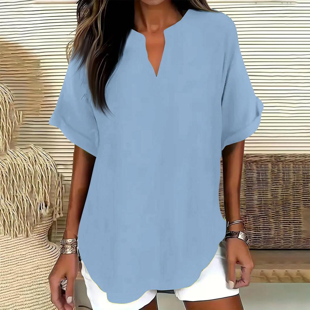 Women’s Loose Fit V Neck Short Sleeve Blouse Casual Tunic Top Lightweight Pullover Shirt for Everyday Wear
