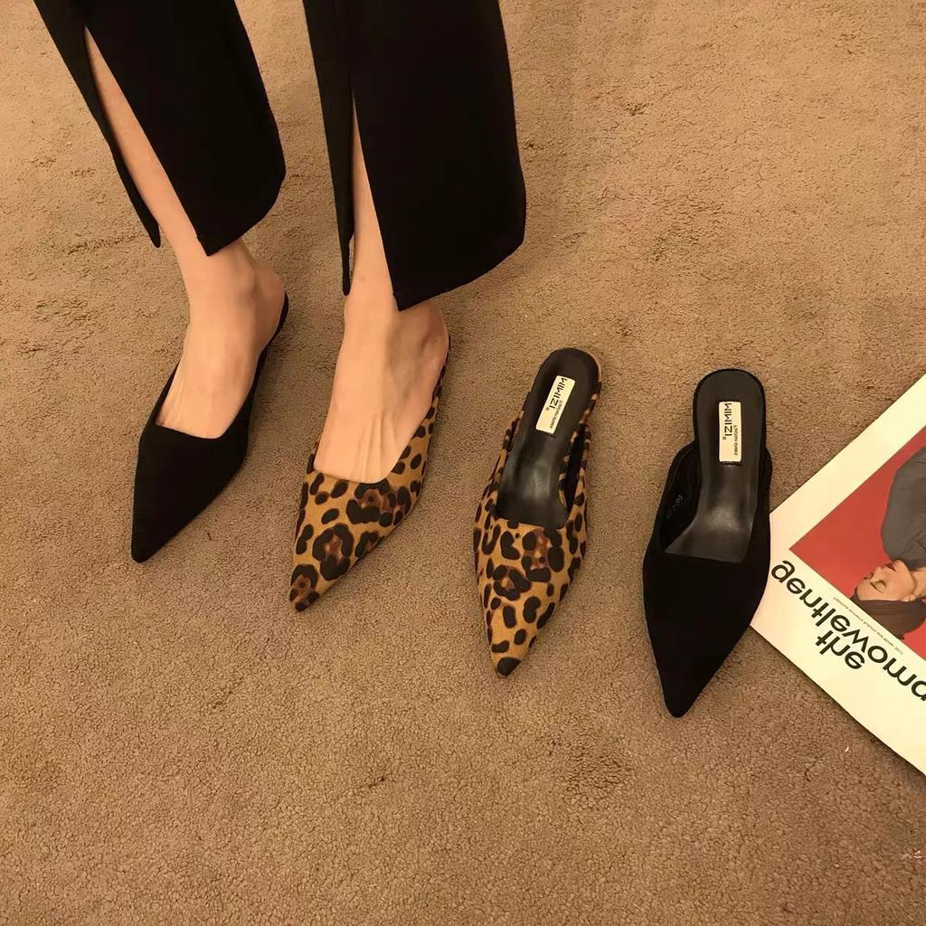 Fashion Pointed Toe Leopard Slippers Women Low Kitten Heel Flock Summer Slides Shoes Sexy Leopard Sandals Slingback Pumps Slippers Women