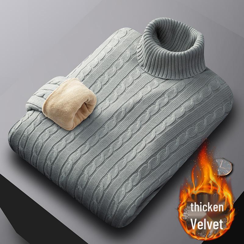 Men's Luxury All-Cotton Knitted Pullover - Thick, Solid Color, Velvet-Lined Cable Knit for Autumn and Winter