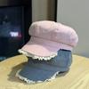 Lace-trimmed denim octagonal hat for women, spring/summer, large head circumference, makes the face look smaller, artistic and sophisticated, beret,