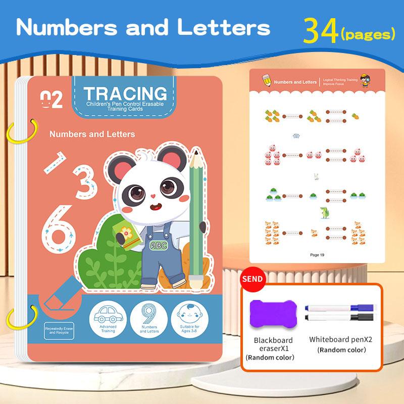 34-Page Children's Reusable Workbook Set with Erasable Pen - Early Learning of Writing and Drawing Skills Development, Educational Books