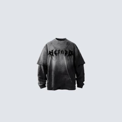 Oversized Distressed Gothic Style Long Sleeve Tee Fake Two-Piece Design Cotton Graphic T-Shirt Unisex
