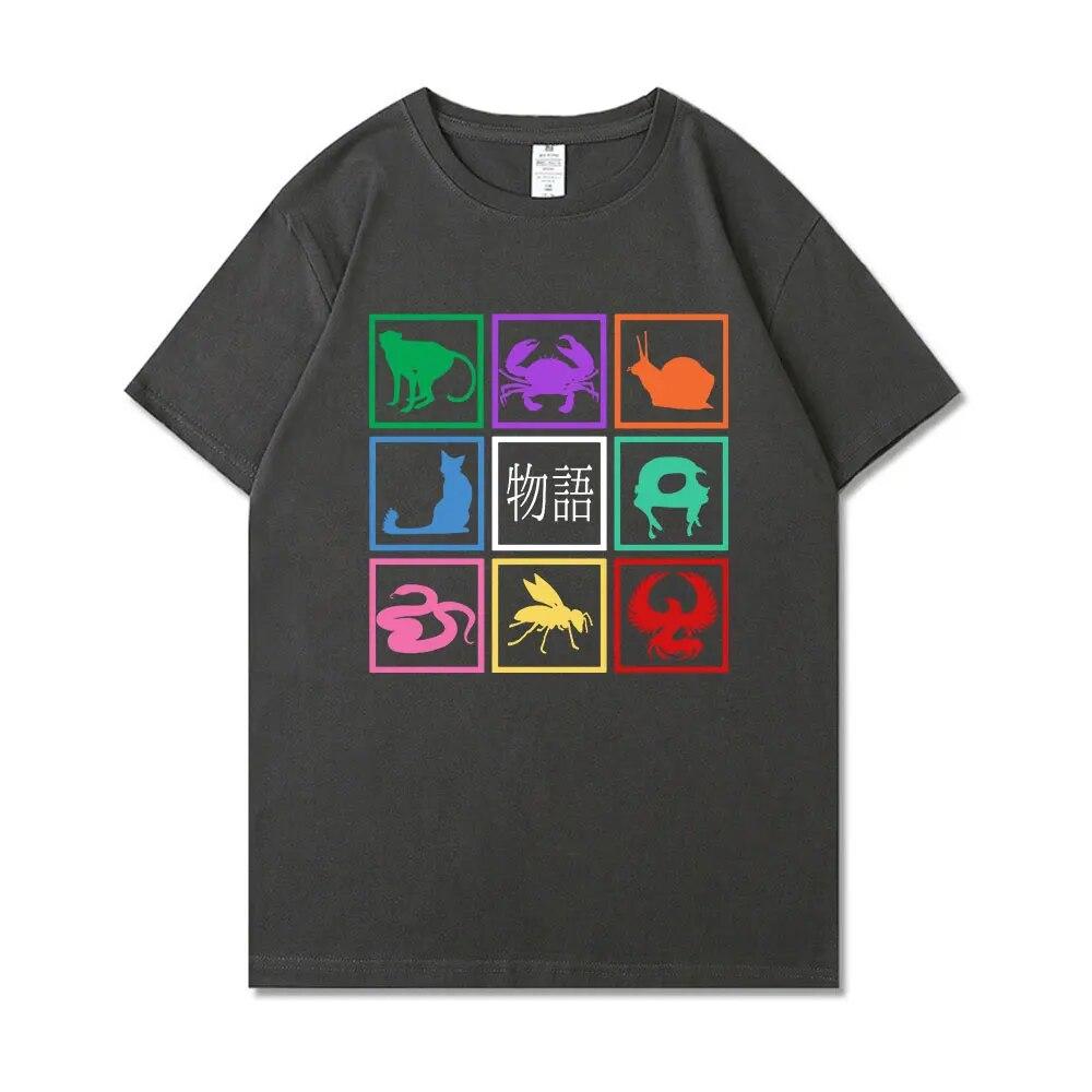 Japanische Manga Monogatari Serie Grafikdruck Schwarzes T-Shirt Unisex Damen Übergroßes T-Shirt Kleidung Lustiges Harajuku Streetwear Top