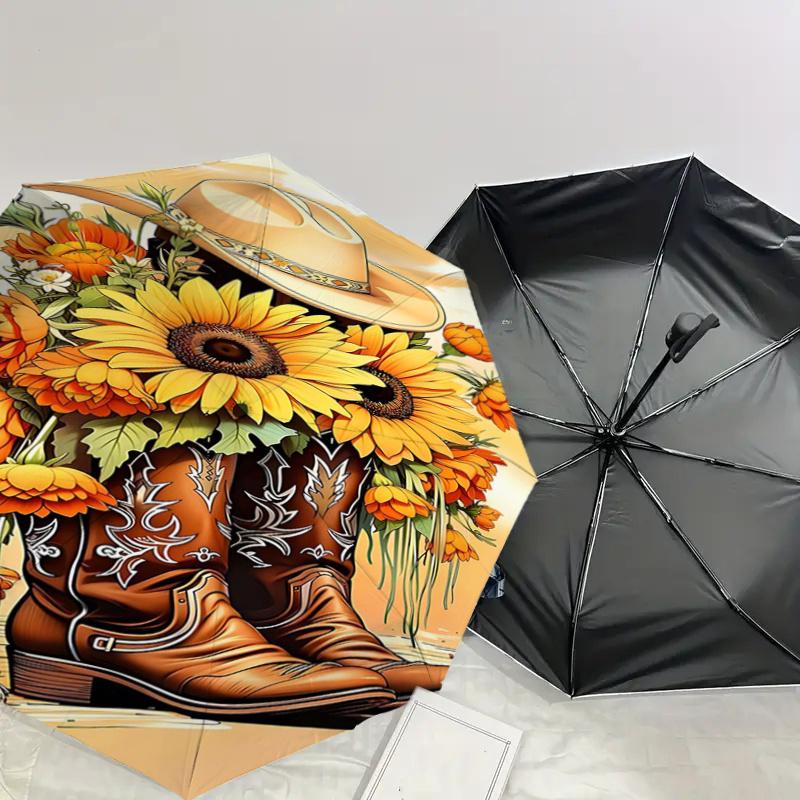 Cowboy Boots with Sunflowers Umbrella- Western Style Cowboy Hat and Boots for Men Women - Festival Gift Idea - Outdoor Rain Umbrella with Au