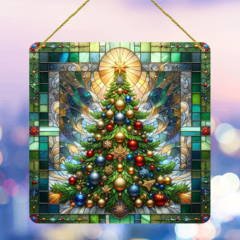 

Colorful Christmas tree sun catcher, a painted square style for windows, porch, and garden decor. чистый