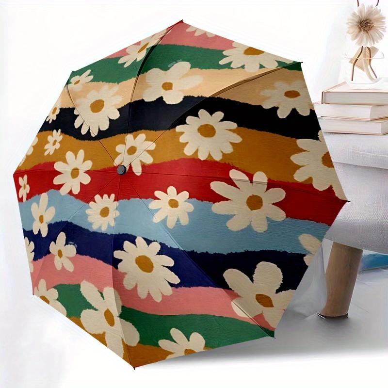1pc Floral Stripes Automatic Open/Close Umbrella with One Touch Button,, Windproof Design   Lightweight Portable Umbrella for Women & Men6042
