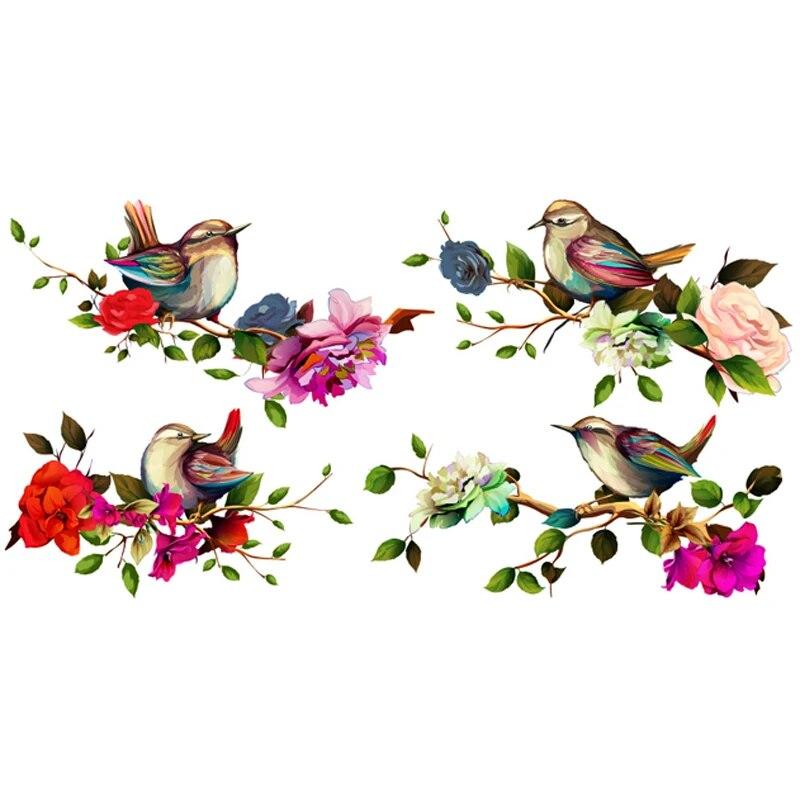 1pc Bird & Floral Pattern Wall Sticker Birds Standing On Branches Flowers Decorating Wall Stickers
