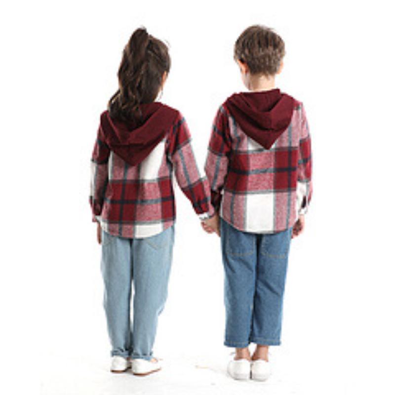 Children's Autumn Winter Plaid Fleece Hooded Long Sleeve Jacket, Casual Fashion Unisex Versatile Top for Older Kids