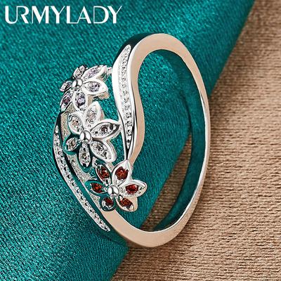 925 Sterling Silver Red Zircon Flower Ring For Women Wedding Charm Engagement Fashion Jewelry