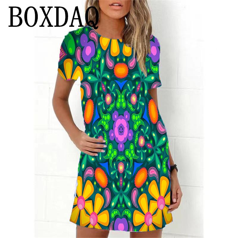 2023 Neues Sommer Damenkleid Retro Hippie 60er Vintage Flower Power Lockeres A-Linien-Kleid Lässig Übergroß Damen 3D-Druck Minikleid