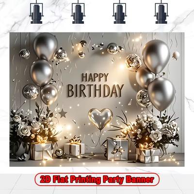 2D Happy Birthday Backdrop Silver Balloon White Rose Gift Box Bokeh Glow Photo Banner