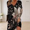 Women Plus Size V Neck Long Sleeve Black Floral Printed Curved Hem Dress