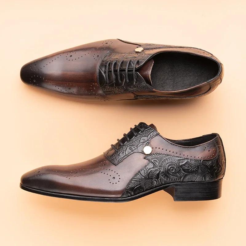 Fashion Handmade Mens Wedding Dress Brogue Shoes Genuine Leather Lace-up Latest Design Fashion Casual Shoes Man Pointed Dress Shoes