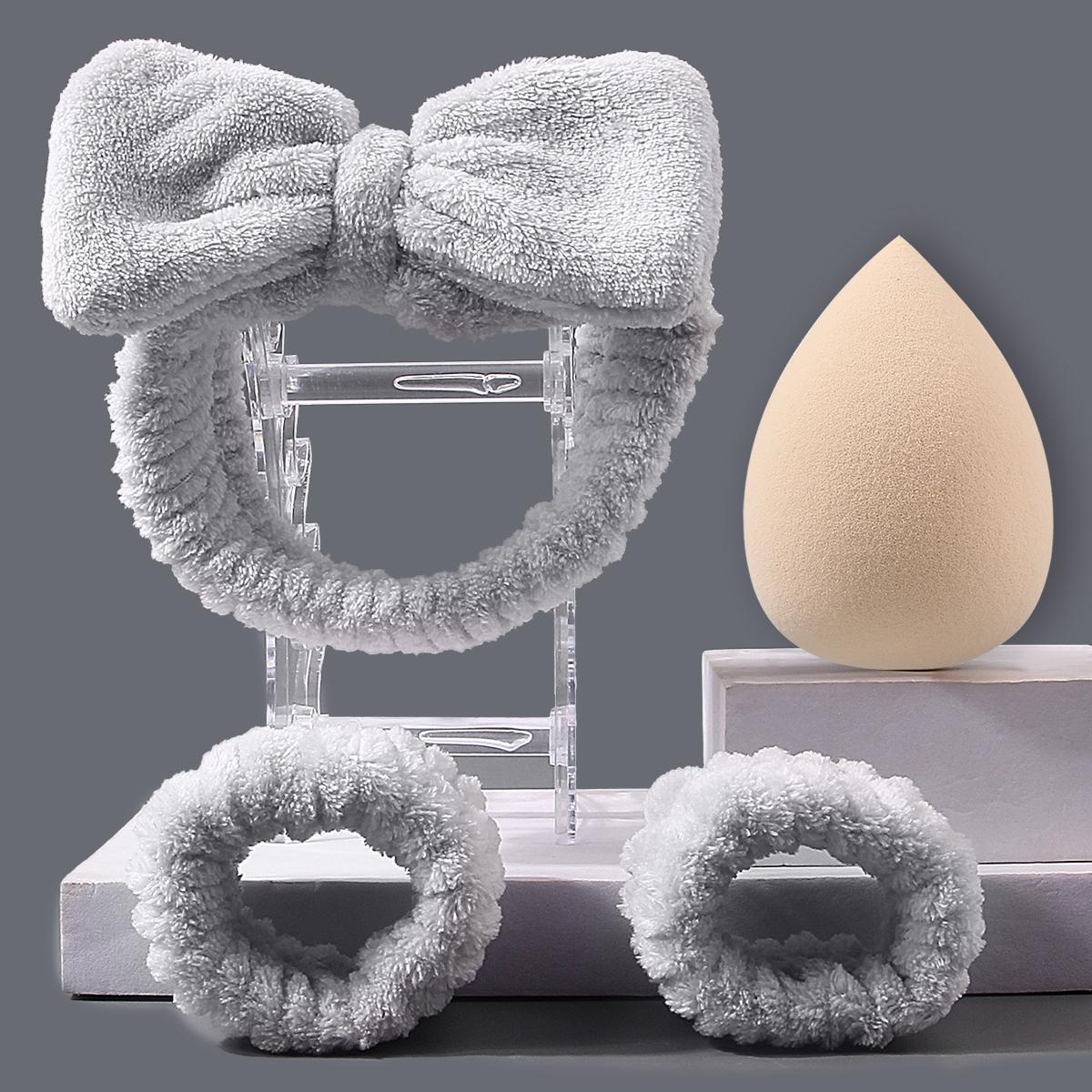 2025 New Skincare & Makeup Tool 4-Piece Set: Includes Bow Headband, Water-Resistant Wristband + Beauty Sponge & Powder Puff Set