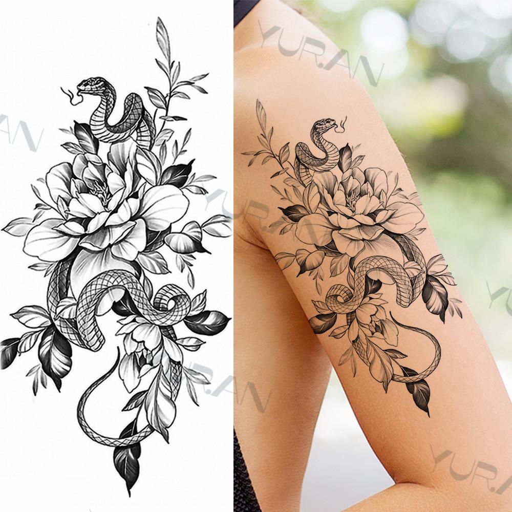 Zwarte Grote Slang Bloem Fake Tattoo Sticker Voor Vrouwen Dot Rose Pioen Tijdelijke Tattoos DIY Water Transfer Tatoos Meisjes