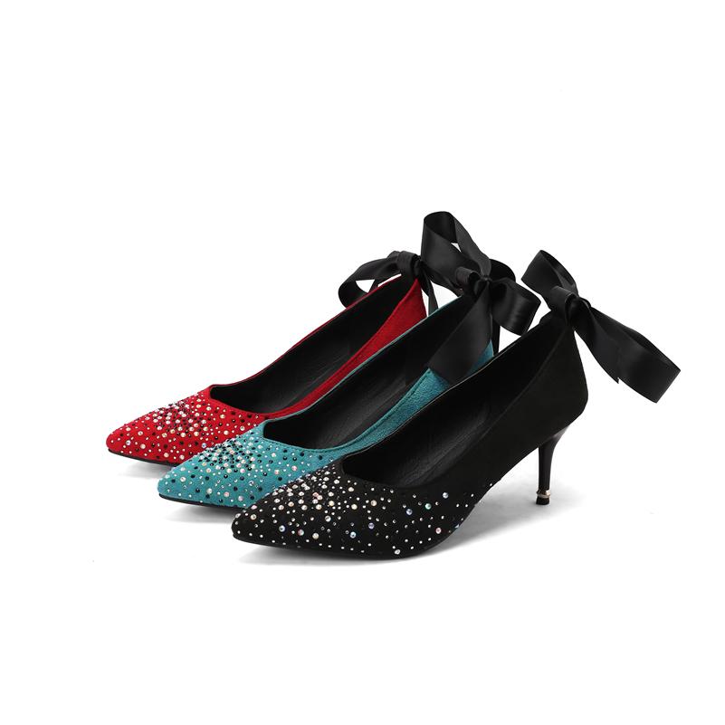 FOREADA Women Pumps Pointed Toe Thin High Heels Crystal Bow Glove Shoes Ladies Fashion Shoes Spring Autumn Red Black Green 43