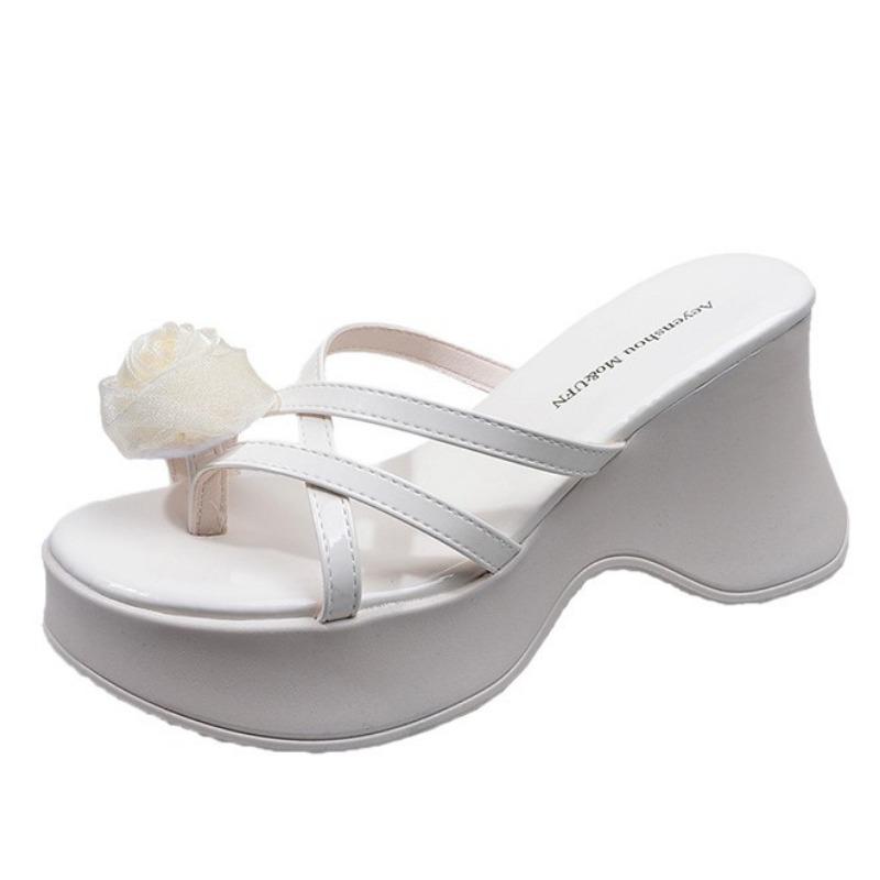 Retro Flower Wedge Heel One-word Slippers Women's Summer Wear New Versatile Skirt Thick-bottomed Cool Slippers