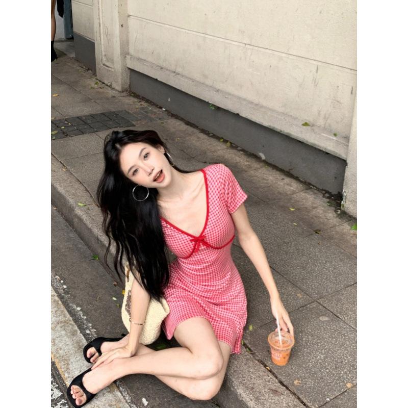 Red Plaid V-neck Short-sleeved Dress Women's Clothing Summer Bow Hottie Short Skirt Showing Figure Waist A-word Skirt