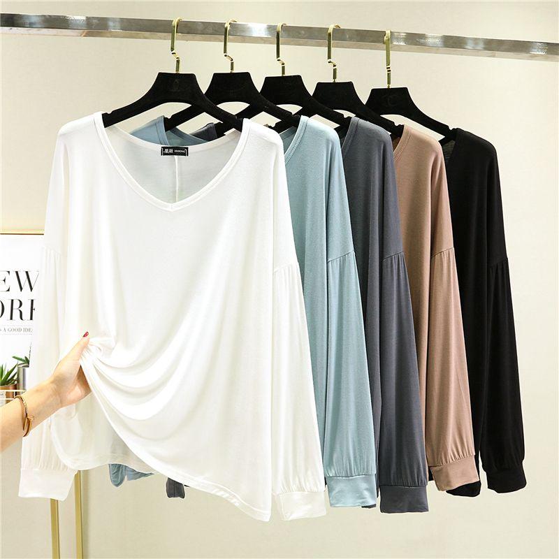 Slim Long Sleeve Bottom Shirt Solid Large Fit Versatile V-neck Top Spring and Summer