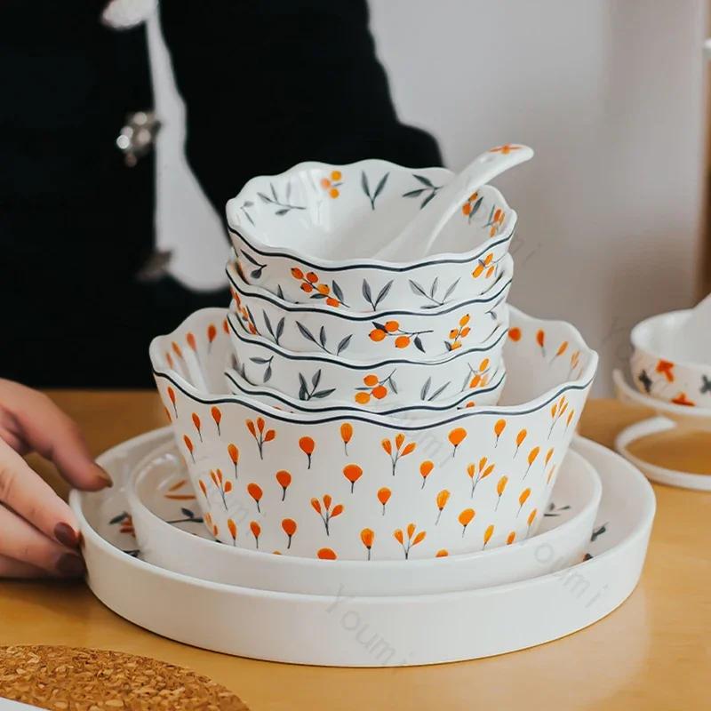 Retro Small Flowers Ceramic Plate Light Luxury Hotel Restaurant Steak Pasta Plates Exquisite Home Delicious Dishes Soup Bowl