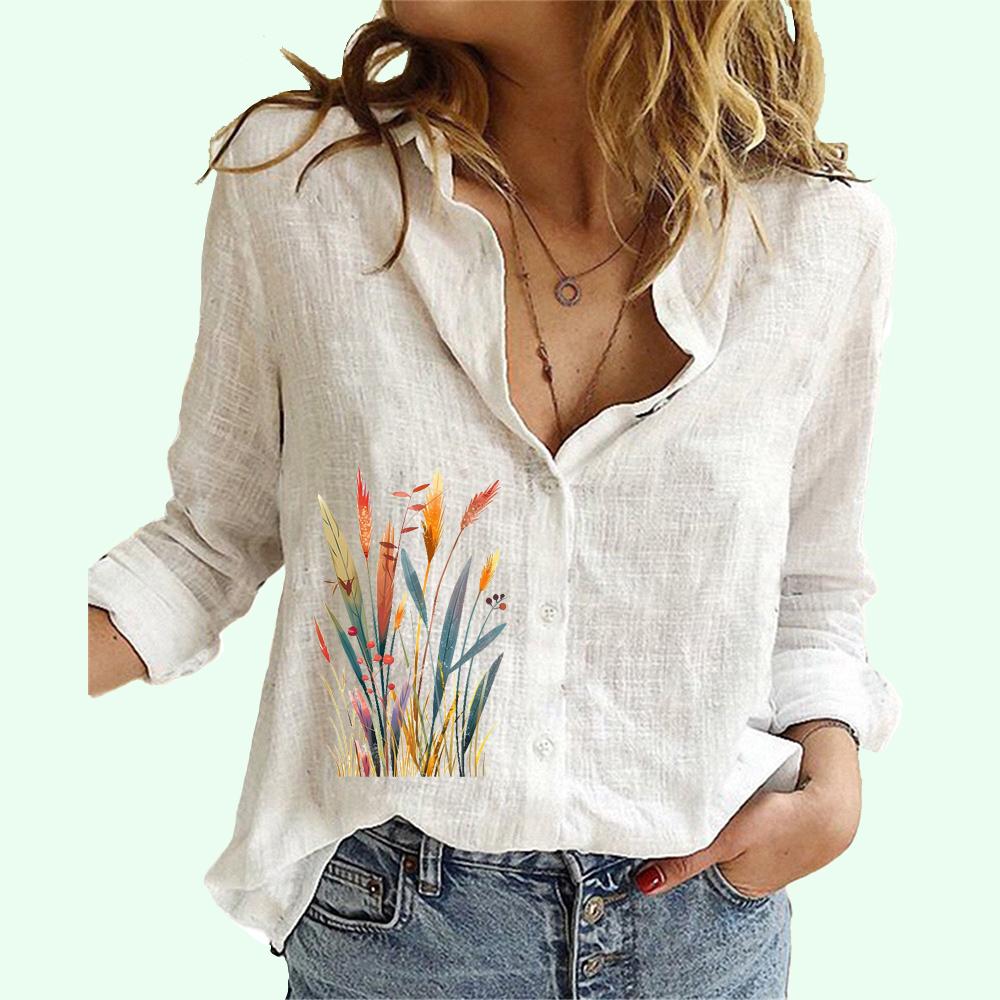 Women Fashion Cotton Linen Long Sleeve Shirt Summer&fall Floral Print Loose Top Ladies Casual Button-up Blouse