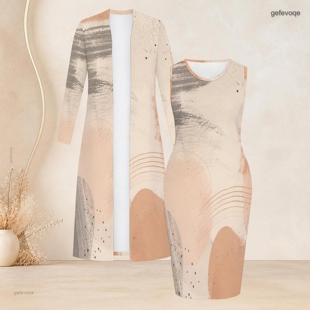 Women Plus Size Printed Two Piece Set Long Sleeve Open Front Cardigan Sleeveless Bodycon Dress