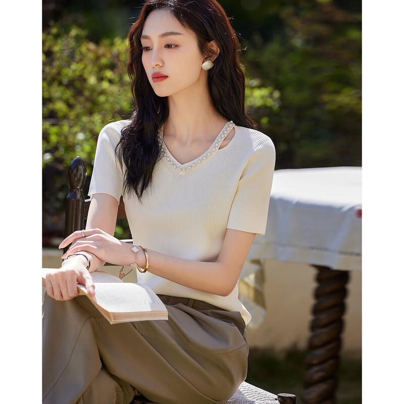 Women's French V-Neck Beaded Hollow-Out Knit Top