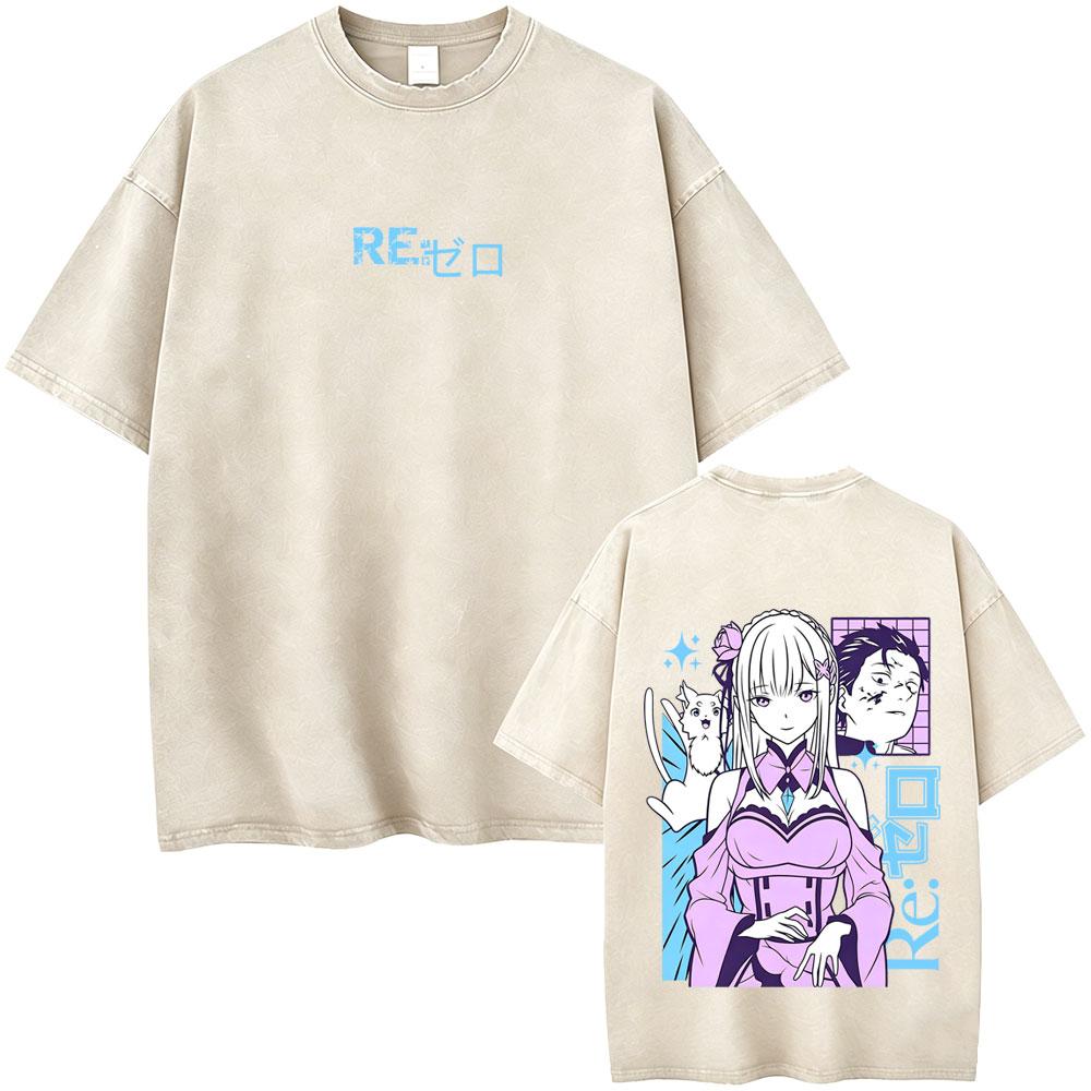 Washed Vintage Anime ReZERO Starting Life In Another World Tshirt Subaru Natsuki Graphic T Shirt Men Women Oversized Tshirts